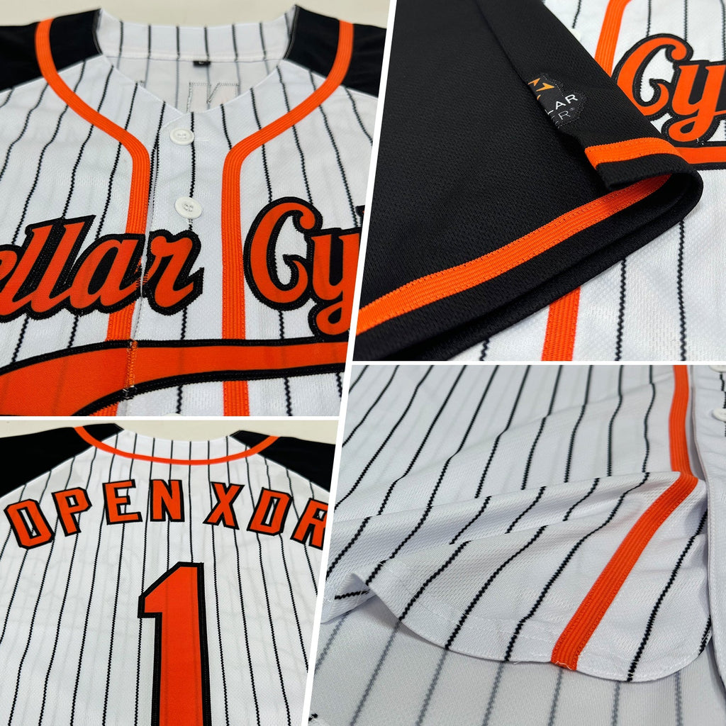 Custom Baseball Jersey - White Black Pinstripe Orange-Black Raglan Sleeves