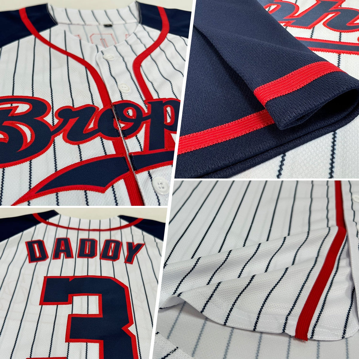 Custom Baseball Jersey - White Navy Pinstripe Navy-Red Raglan Sleeves