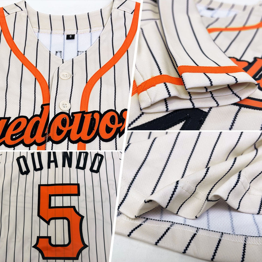 Custom Baseball Jersey - Cream Black Pinstripe Orange-Black