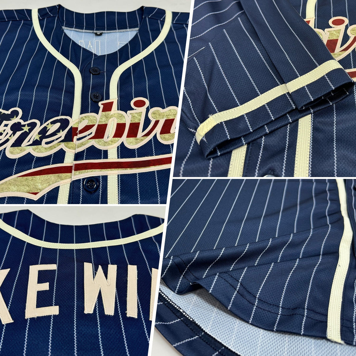 Custom Baseball Jersey - Navy White Pinstripe Vintage USA Flag-Cream - Style Navy0401