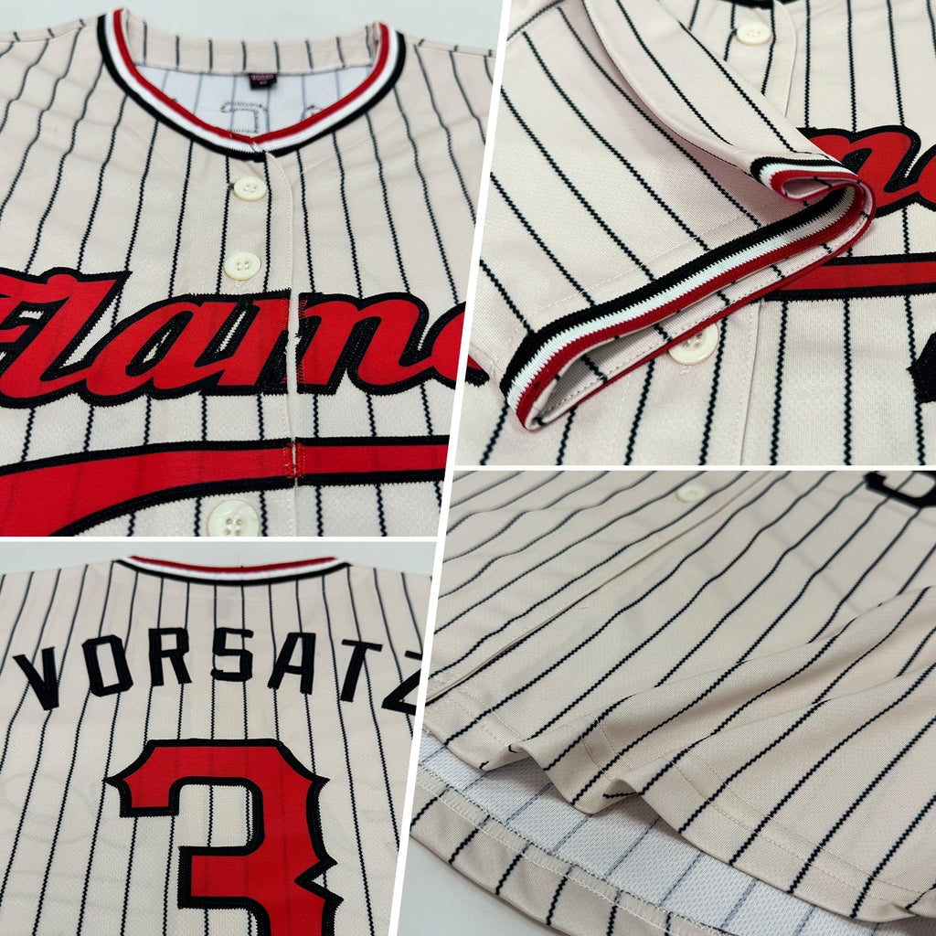 Custom Baseball Jersey - Cream Black Pinstripe Red Black-White
