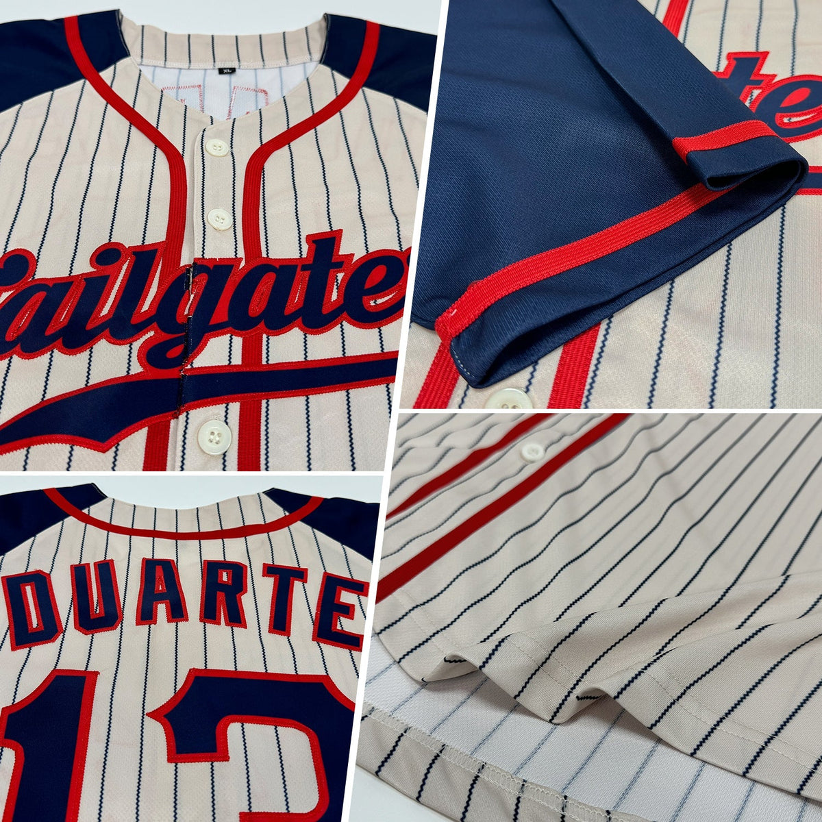 Custom Baseball Jersey - Cream Navy Pinstripe Navy-Red Raglan Sleeves
