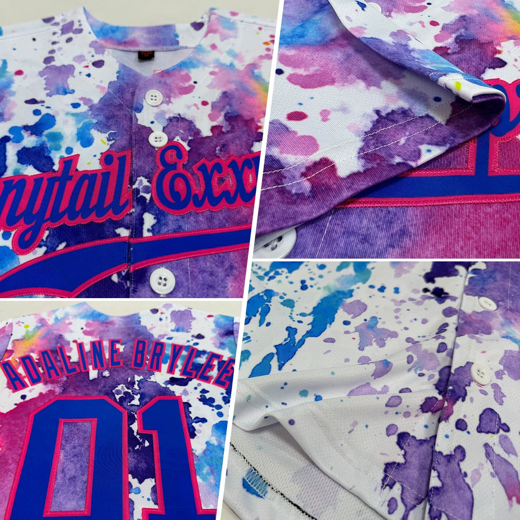 Custom Baseball Jersey - White Royal-Pink 3D Pattern Design Watercolor