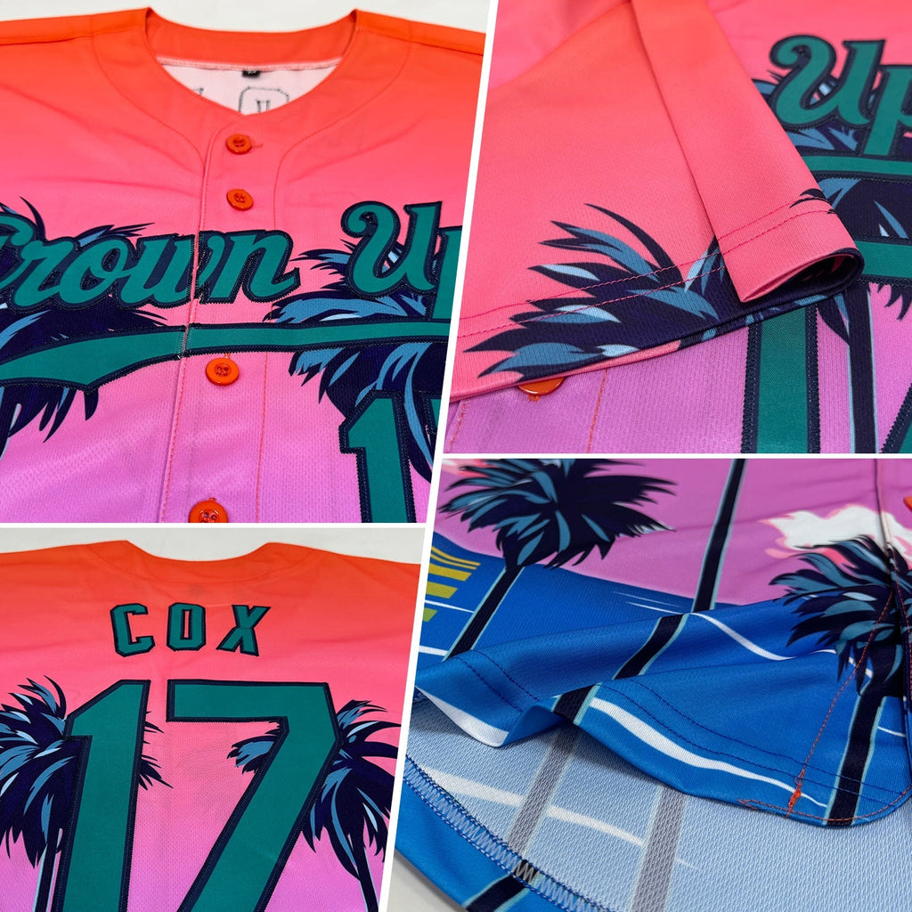 Custom Baseball Jersey - Orange Teal-Navy 3D Pattern Design Sun Beach Hawaii Palm Trees