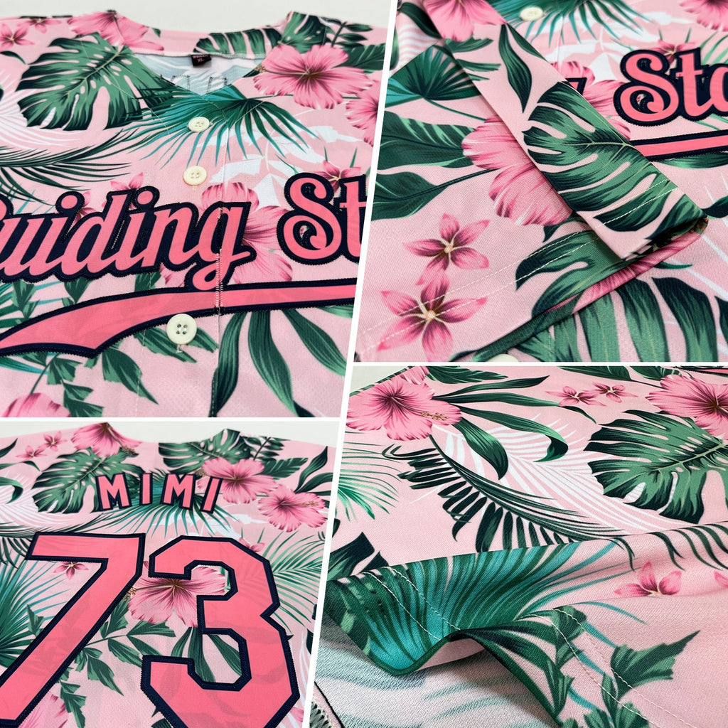 Custom Baseball Jersey - White Medium Pink-Navy 3D Pattern Design Hawaii Palm Leaves And Flowers