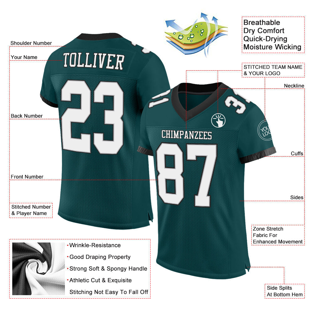 Custom Football Jersey - Midnight Green White Gray-Black Mesh