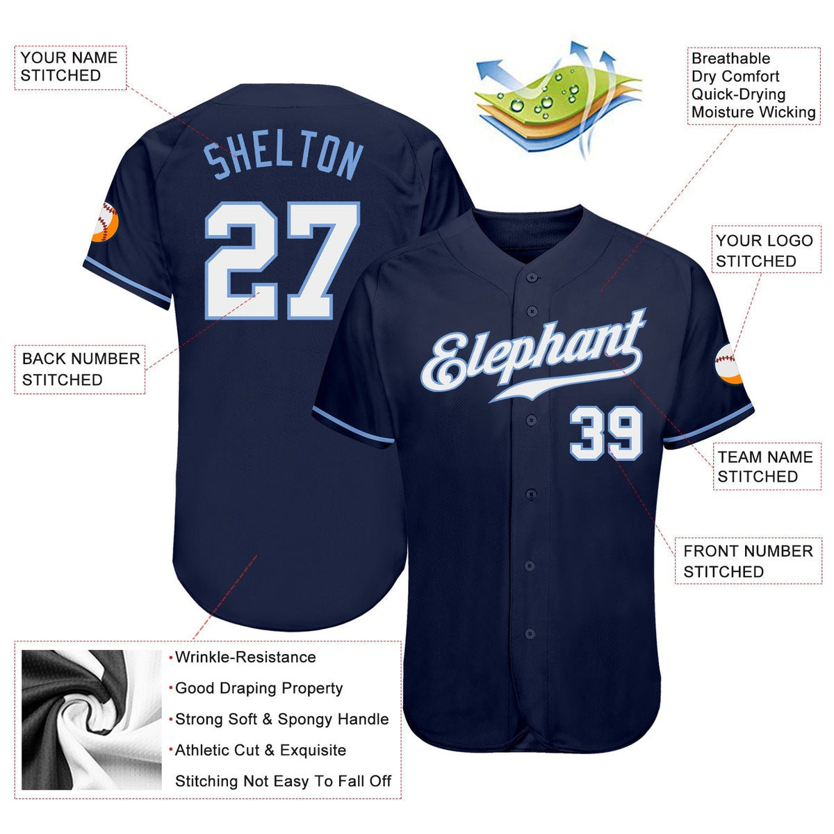Custom Baseball Jersey - Navy White-Light Blue