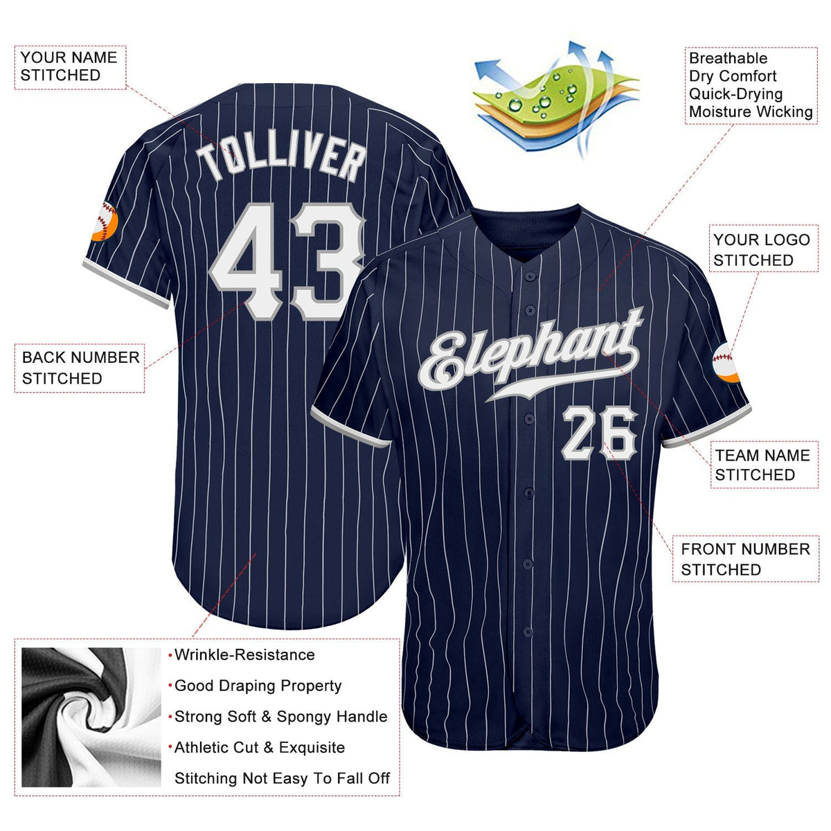 Custom Baseball Jersey - Navy White Pinstripe White-Gray - Style Navy0205