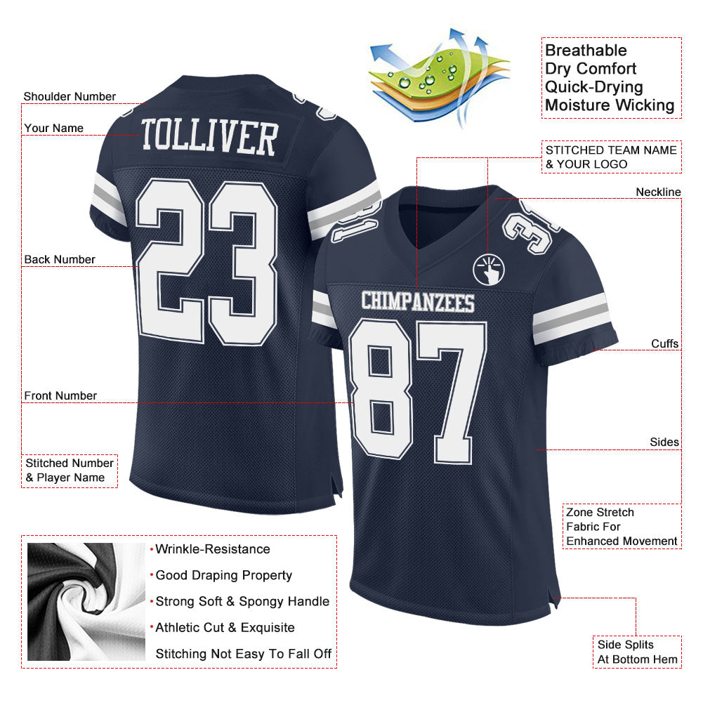 Custom Football Jersey - Navy White-Gray Mesh