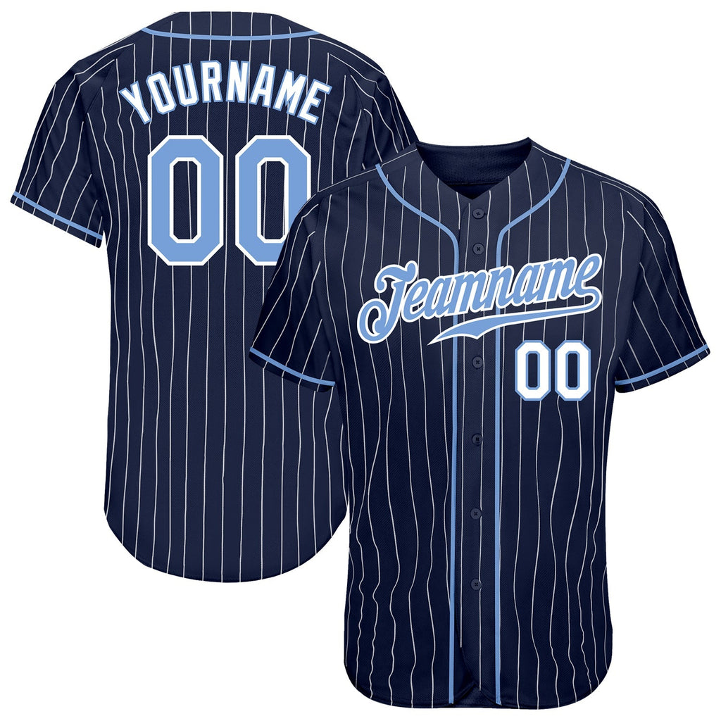 Custom Baseball Jersey - Navy White Pinstripe Light Blue-White