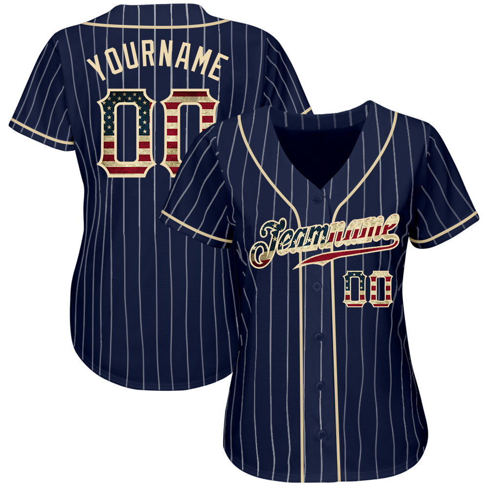 Custom Baseball Jersey - Navy White Pinstripe Vintage USA Flag-Cream - Style Navy0401