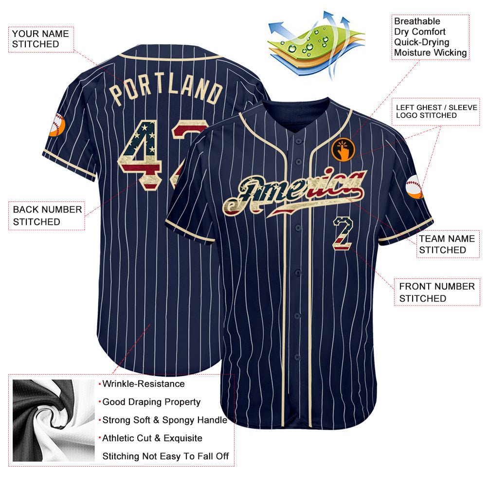 Custom Baseball Jersey - Navy White Pinstripe Vintage USA Flag-Cream - Style Navy0401