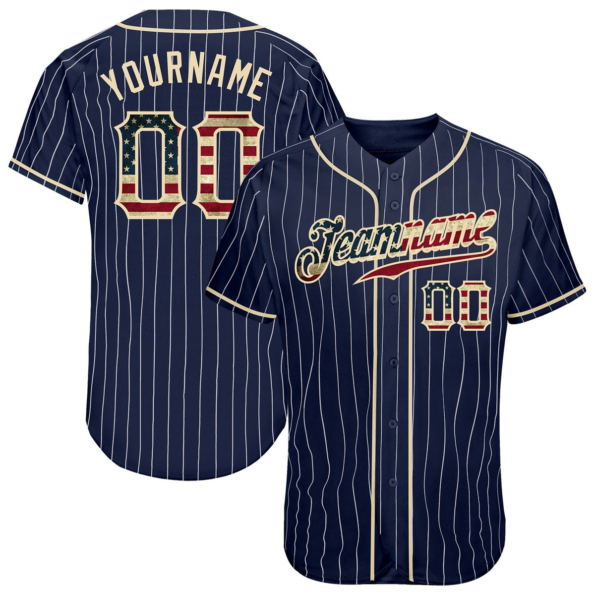 Custom Baseball Jersey - Navy White Pinstripe Vintage USA Flag-Cream - Style Navy0401