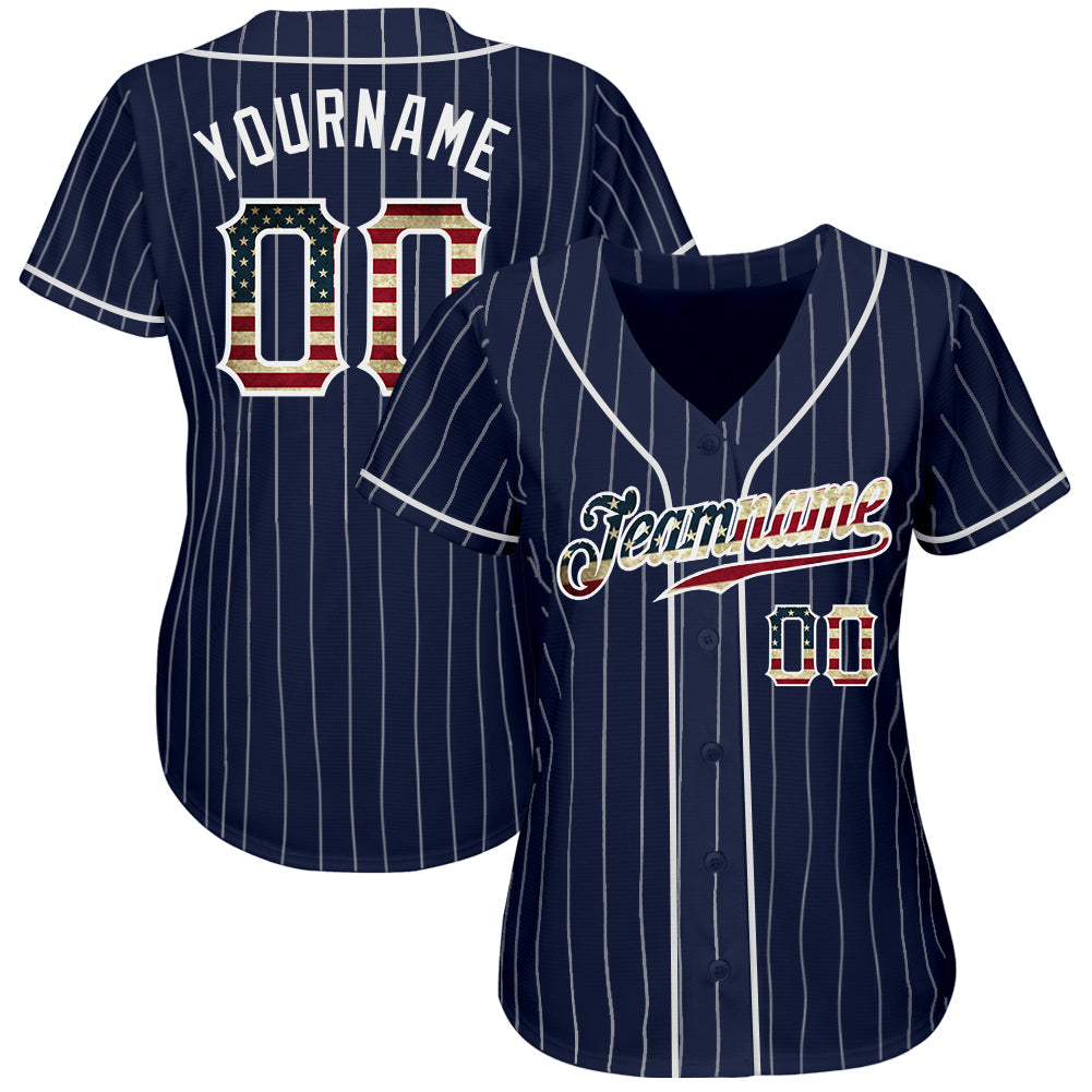 Custom Baseball Jersey - Navy White Pinstripe Vintage USA Flag-White