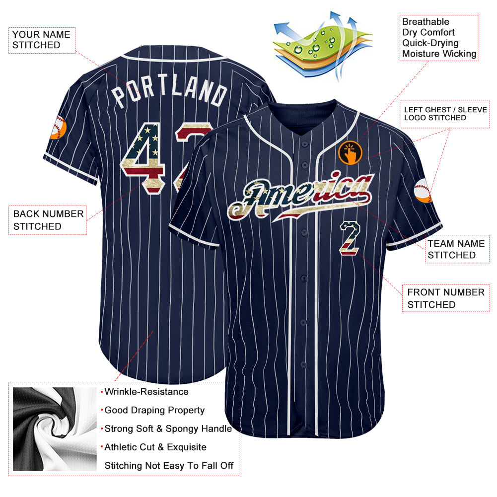 Custom Baseball Jersey - Navy White Pinstripe Vintage USA Flag-White