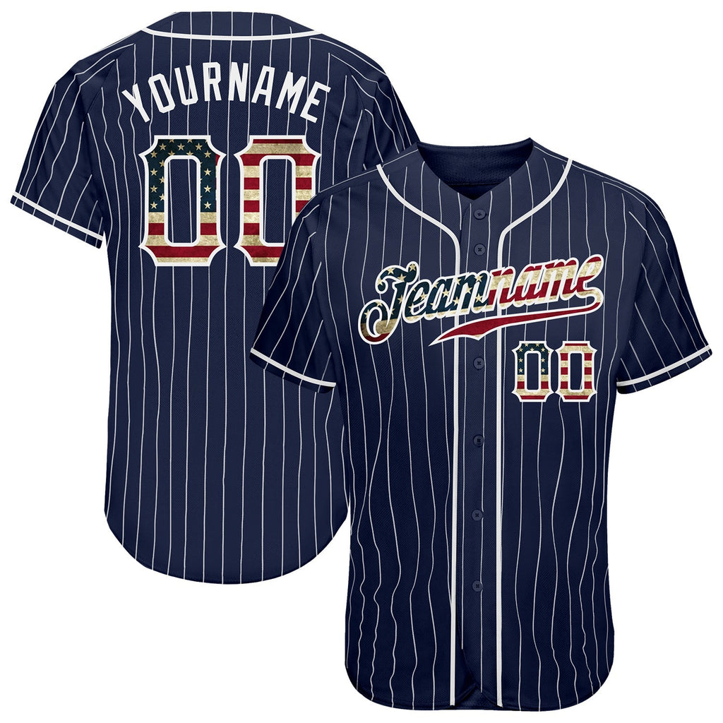 Custom Baseball Jersey - Navy White Pinstripe Vintage USA Flag-White