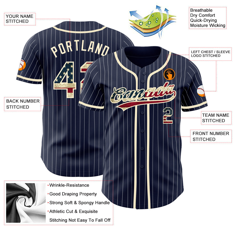 Custom Baseball Jersey - Navy White Pinstripe Vintage USA Flag-Cream - Style Navy0560
