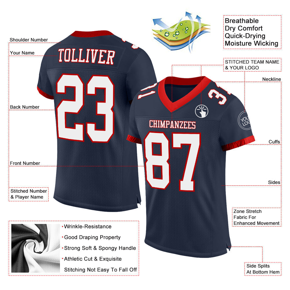Custom Football Jersey - Navy White-Red Mesh - Style Navy0634