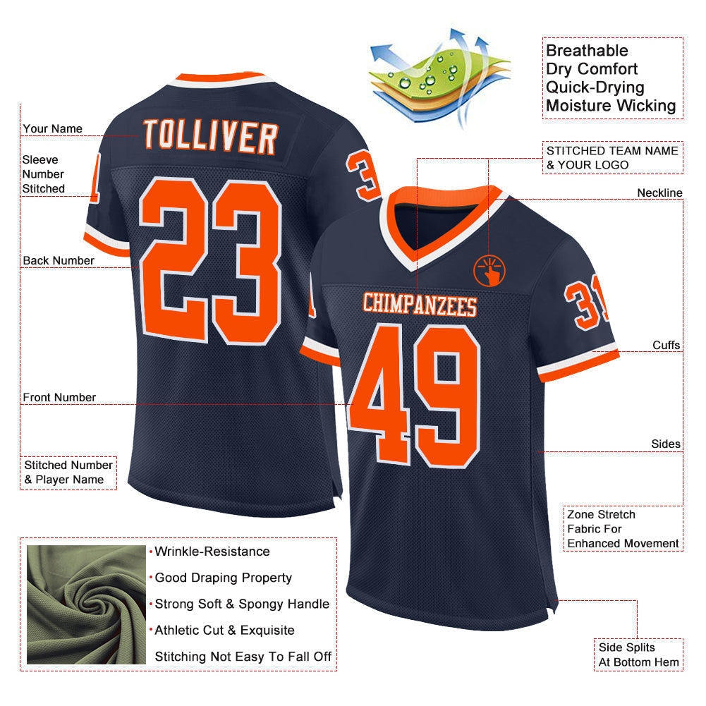 Custom Football Jersey - Navy Orange-White Mesh Throwback