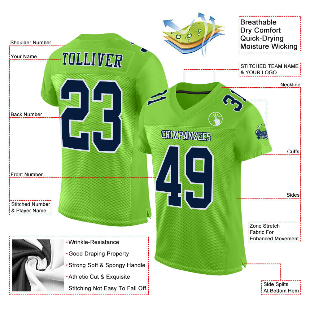 Custom Football Jersey - Neon Green Navy-White Mesh - Style NeonGreen0085