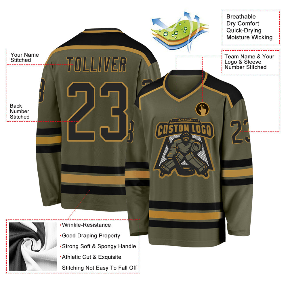 Custom Hockey Jersey - Olive Black-Old Gold Salute To Service - Style Olive0118