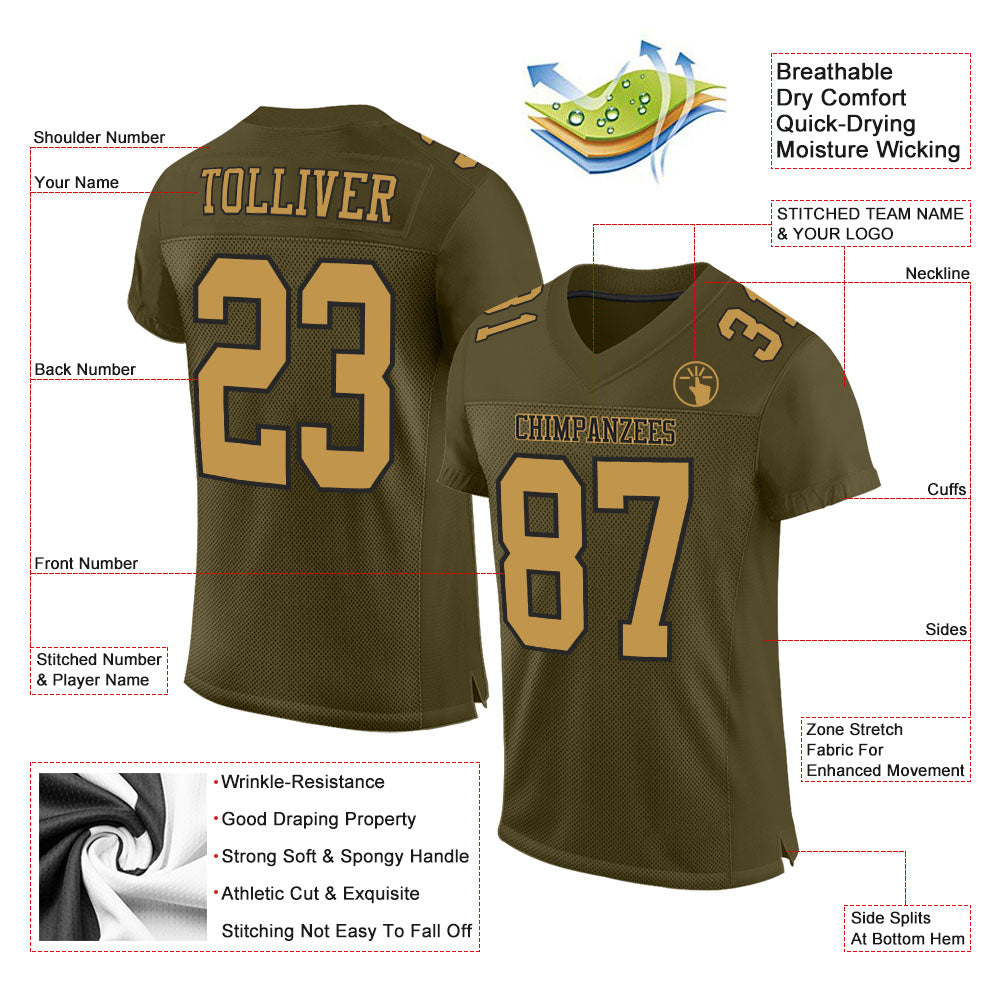 Custom Football Jersey - Olive Old Gold-Black Mesh Salute To Service