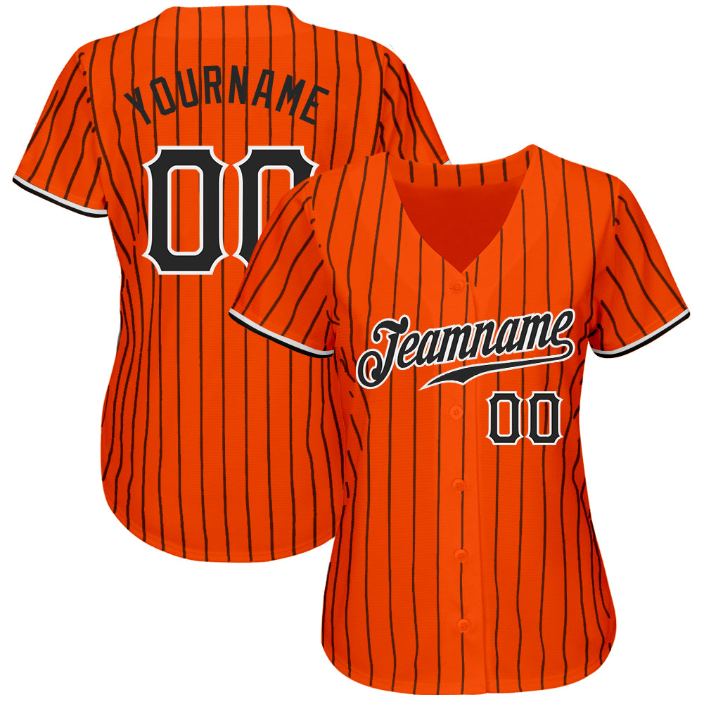 Custom Baseball Jersey - Orange Black Pinstripe Black-White