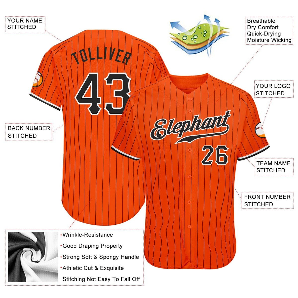 Custom Baseball Jersey - Orange Black Pinstripe Black-White