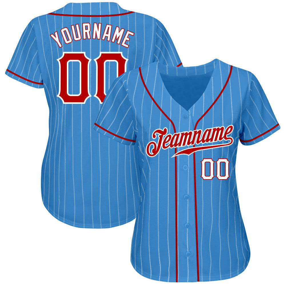Custom Baseball Jersey - Powder Blue White Pinstripe Red-White