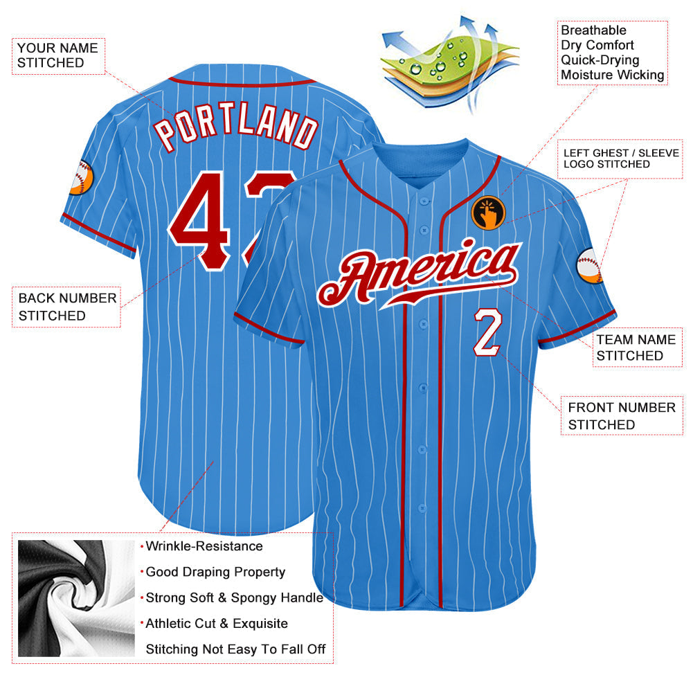 Custom Baseball Jersey - Powder Blue White Pinstripe Red-White
