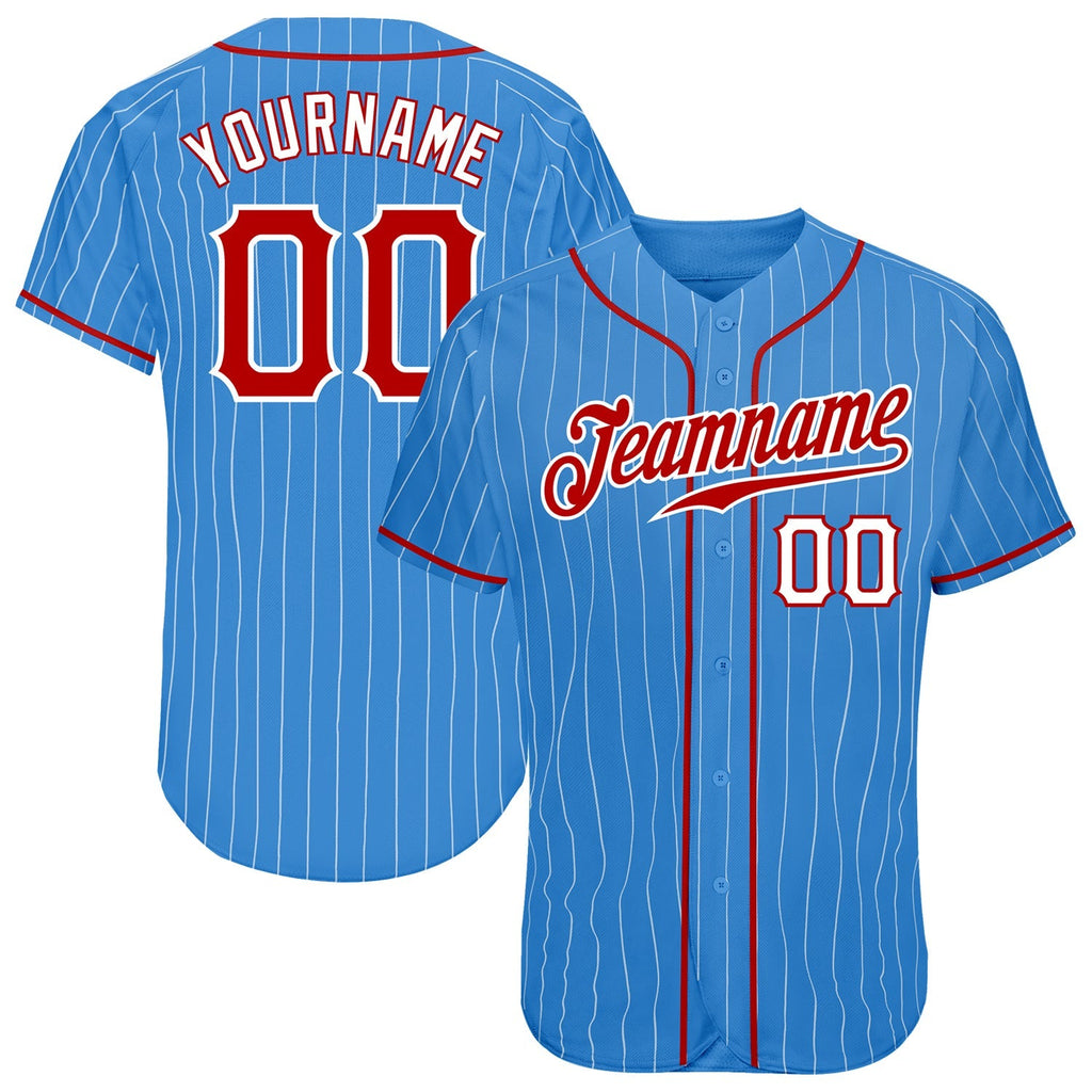 Custom Baseball Jersey - Powder Blue White Pinstripe Red-White