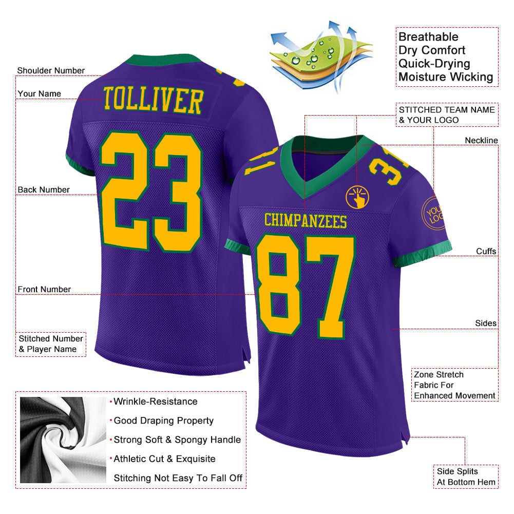 Custom Football Jersey - Purple Gold-Kelly Green Mesh - Style Purple0456
