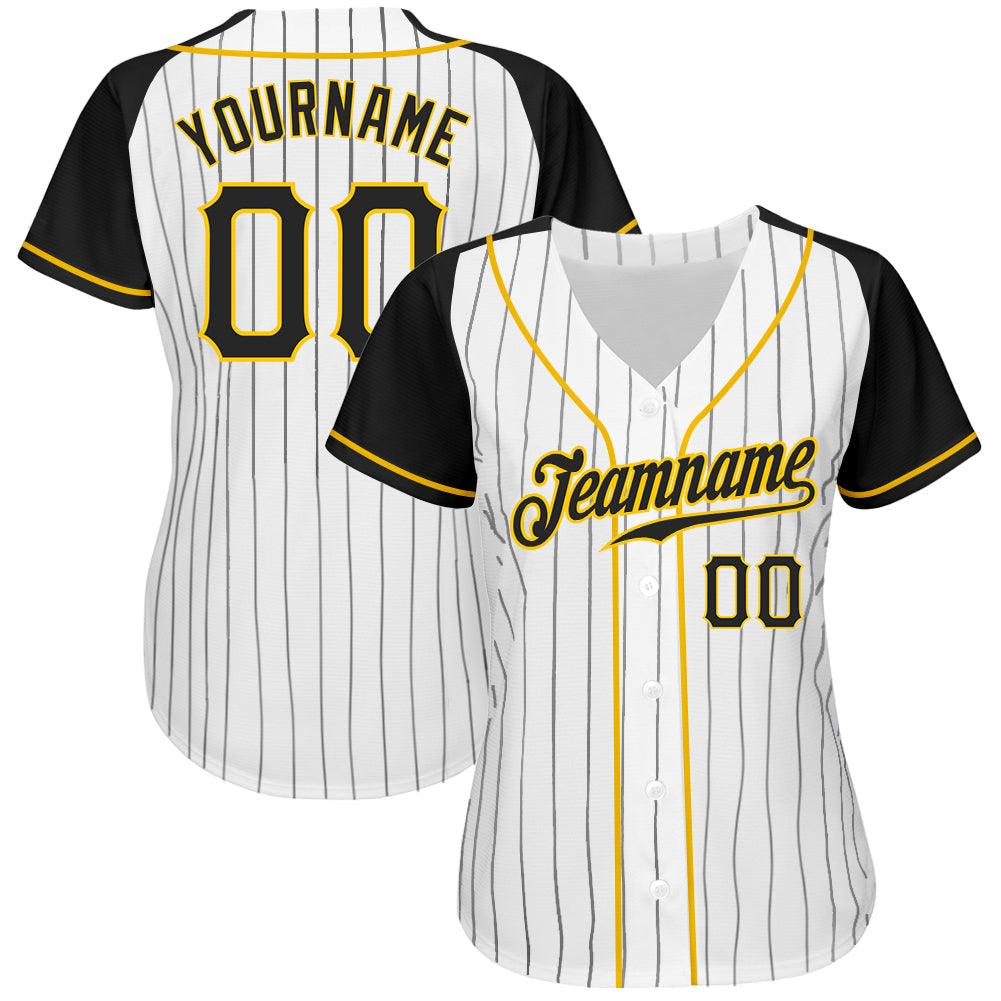 Custom Baseball Jersey - White Black Pinstripe Black-Gold Raglan Sleeves