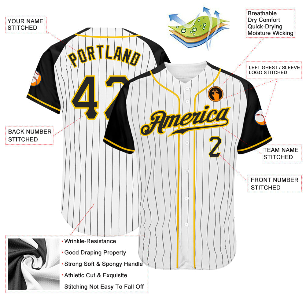Custom Baseball Jersey - White Black Pinstripe Black-Gold Raglan Sleeves