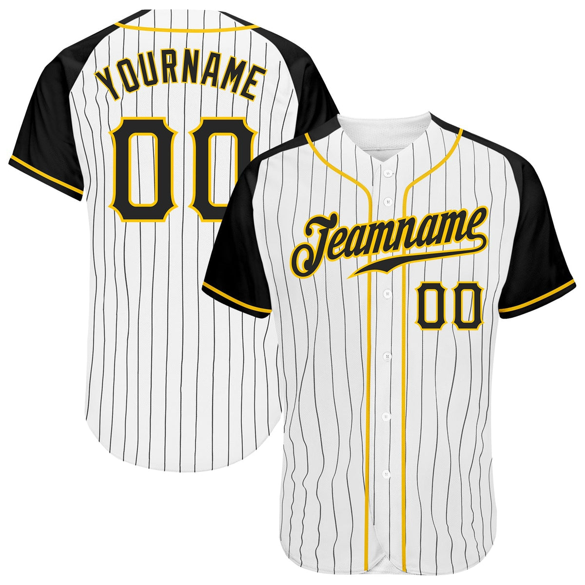 Custom Baseball Jersey - White Black Pinstripe Black-Gold Raglan Sleeves