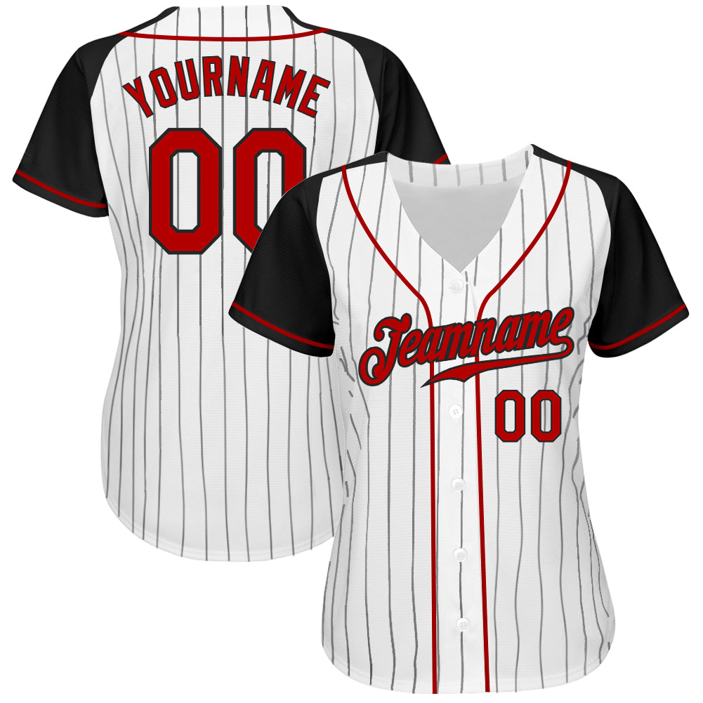 Custom Baseball Jersey - White Black Pinstripe Red-Black Raglan Sleeves