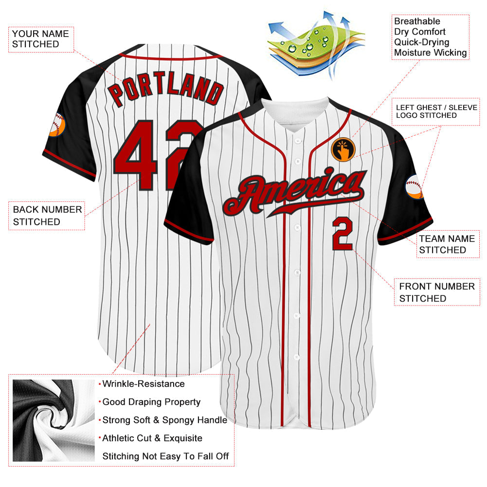 Custom Baseball Jersey - White Black Pinstripe Red-Black Raglan Sleeves