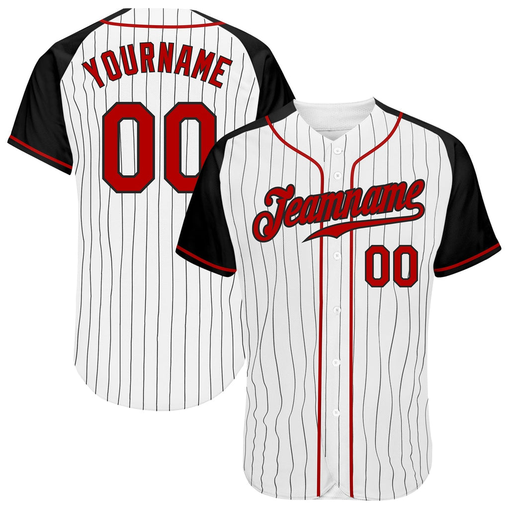 Custom Baseball Jersey - White Black Pinstripe Red-Black Raglan Sleeves