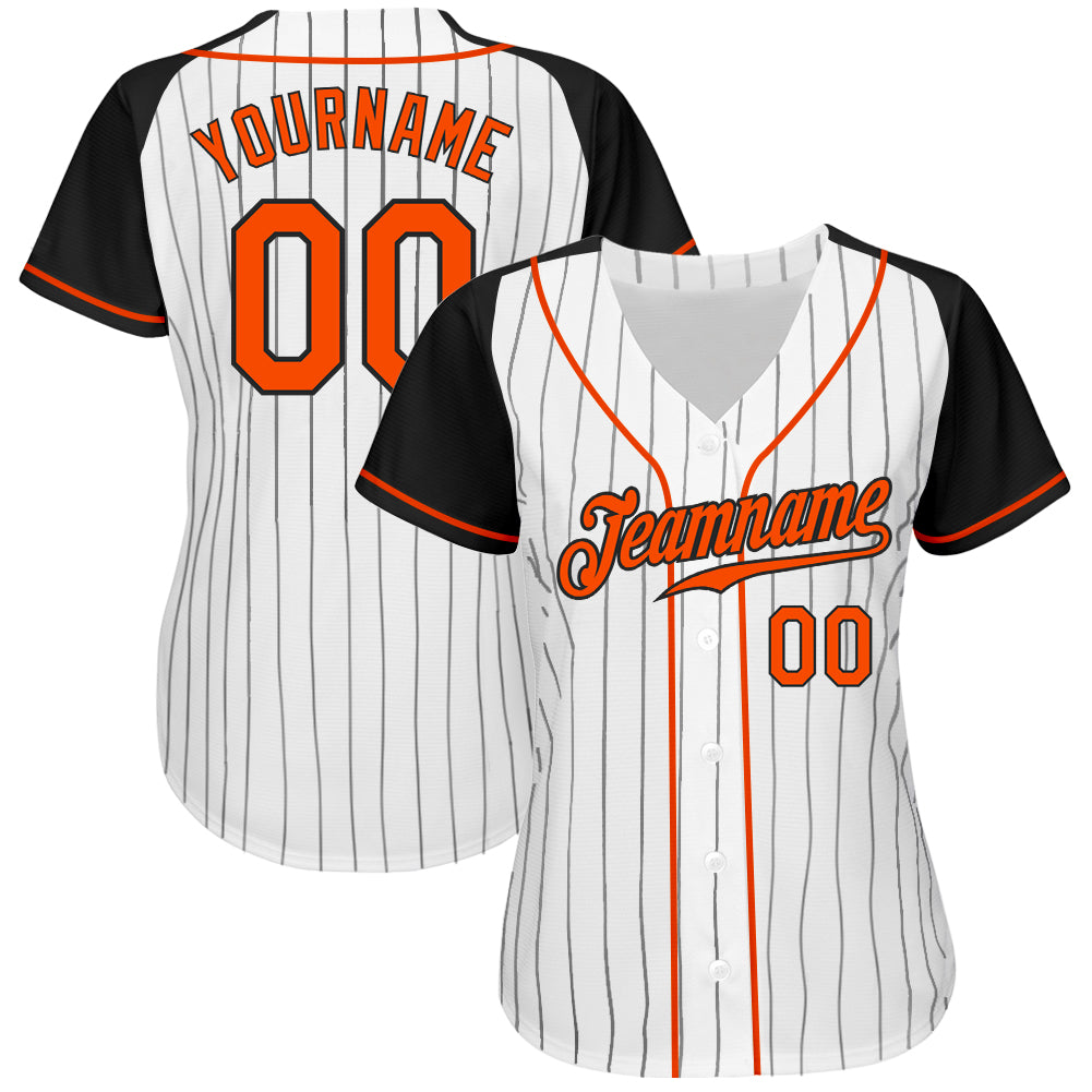 Custom Baseball Jersey - White Black Pinstripe Orange-Black Raglan Sleeves