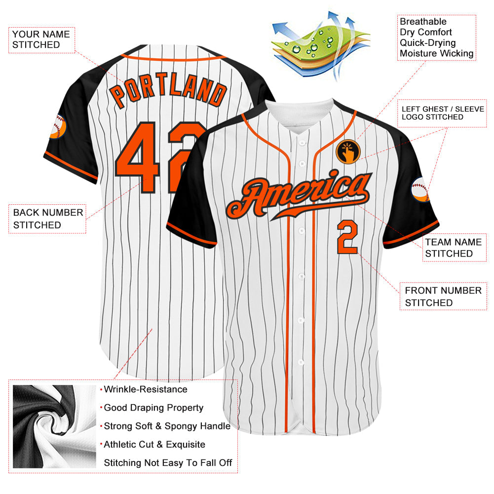 Custom Baseball Jersey - White Black Pinstripe Orange-Black Raglan Sleeves