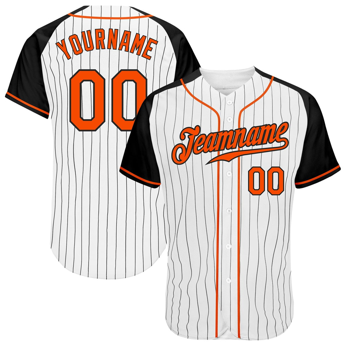 Custom Baseball Jersey - White Black Pinstripe Orange-Black Raglan Sleeves