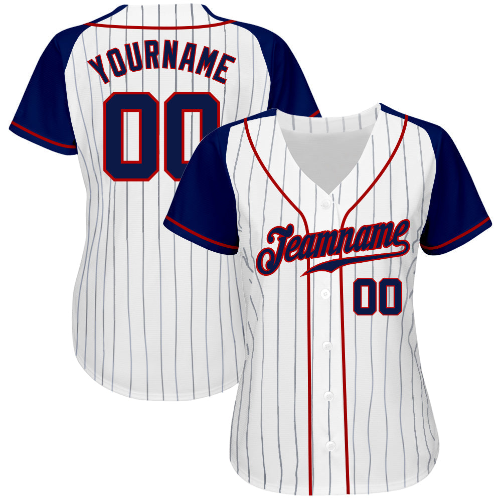 Custom Baseball Jersey - White Navy Pinstripe Navy-Red Raglan Sleeves