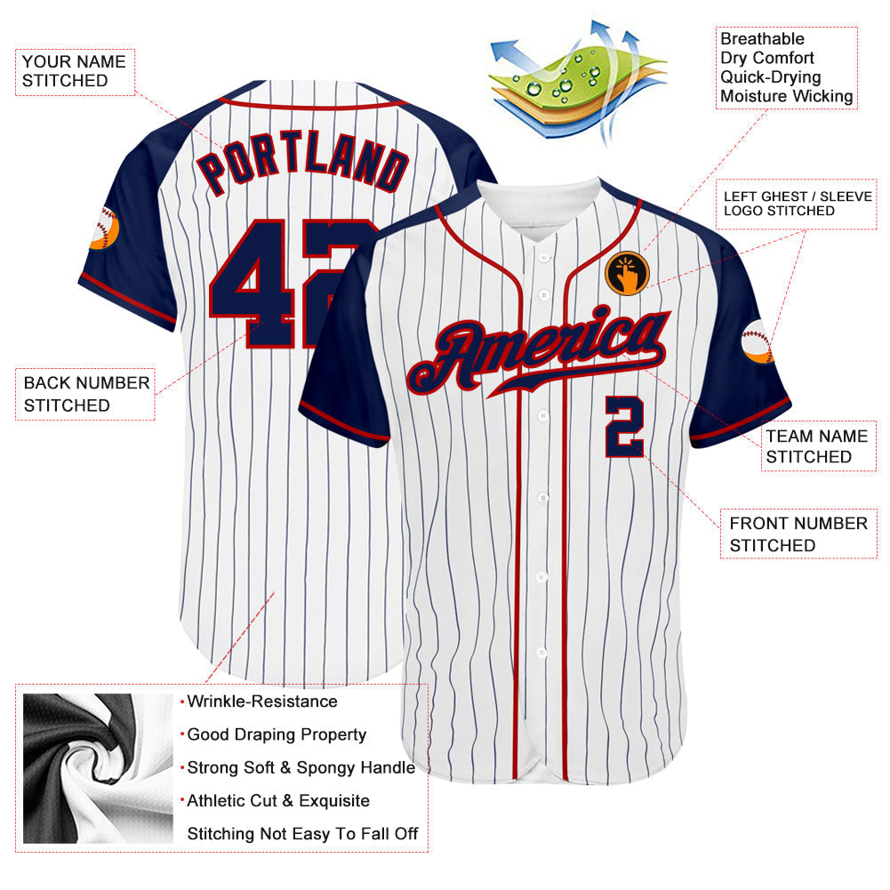 Custom Baseball Jersey - White Navy Pinstripe Navy-Red Raglan Sleeves