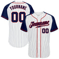 Custom Baseball Jersey - White Navy Pinstripe Navy-Red Raglan Sleeves
