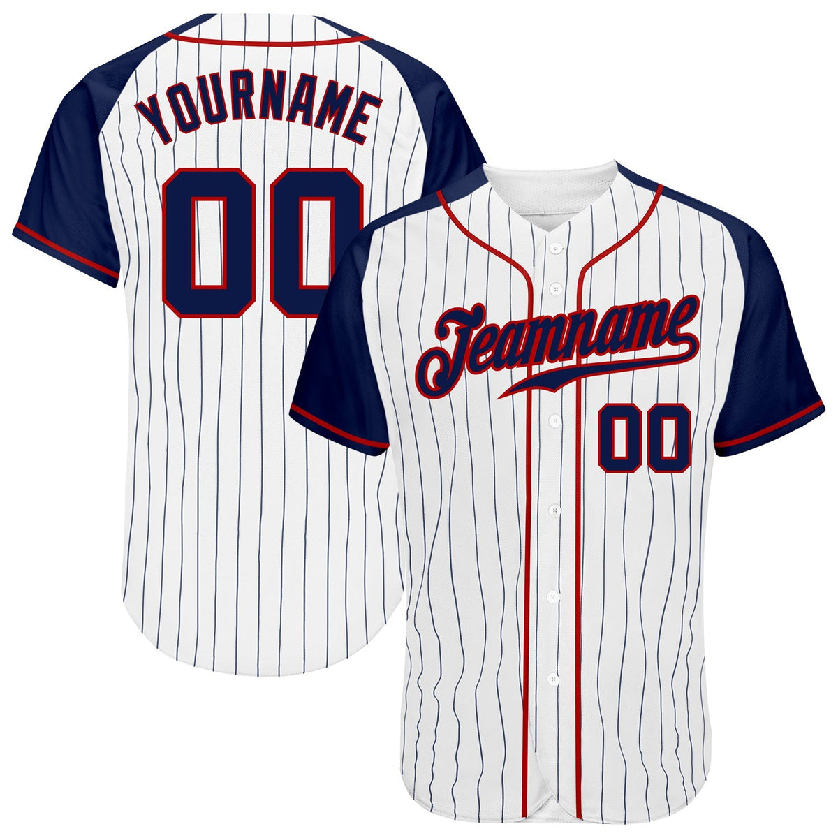 Custom Baseball Jersey - White Navy Pinstripe Navy-Red Raglan Sleeves