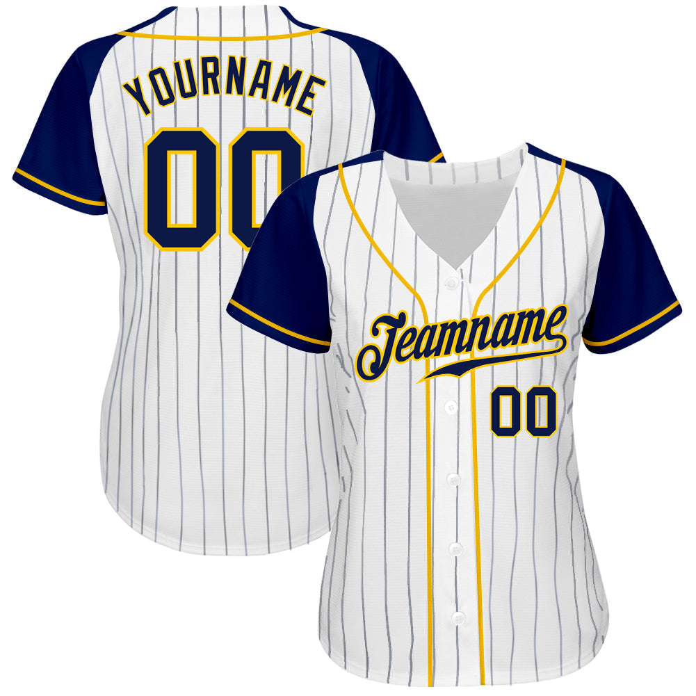 Custom Baseball Jersey - White Navy Pinstripe Navy-Gold Raglan Sleeves