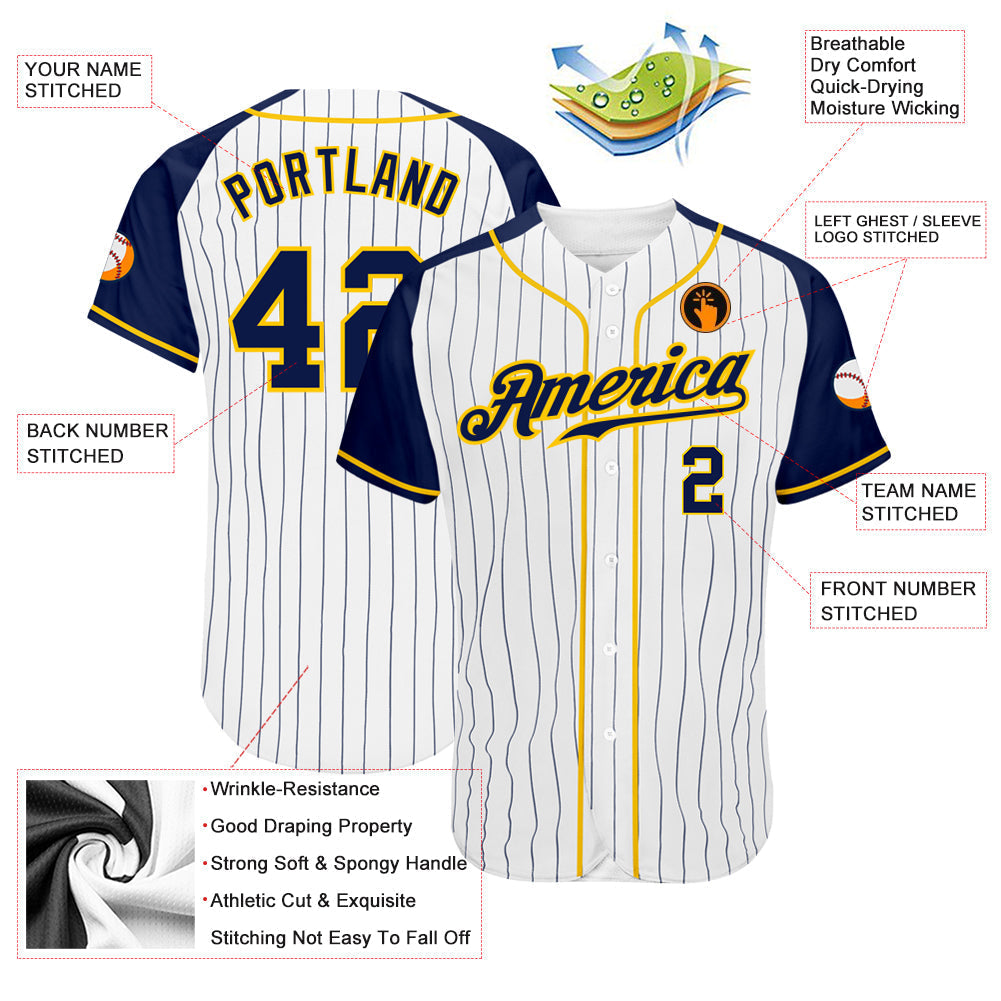 Custom Baseball Jersey - White Navy Pinstripe Navy-Gold Raglan Sleeves