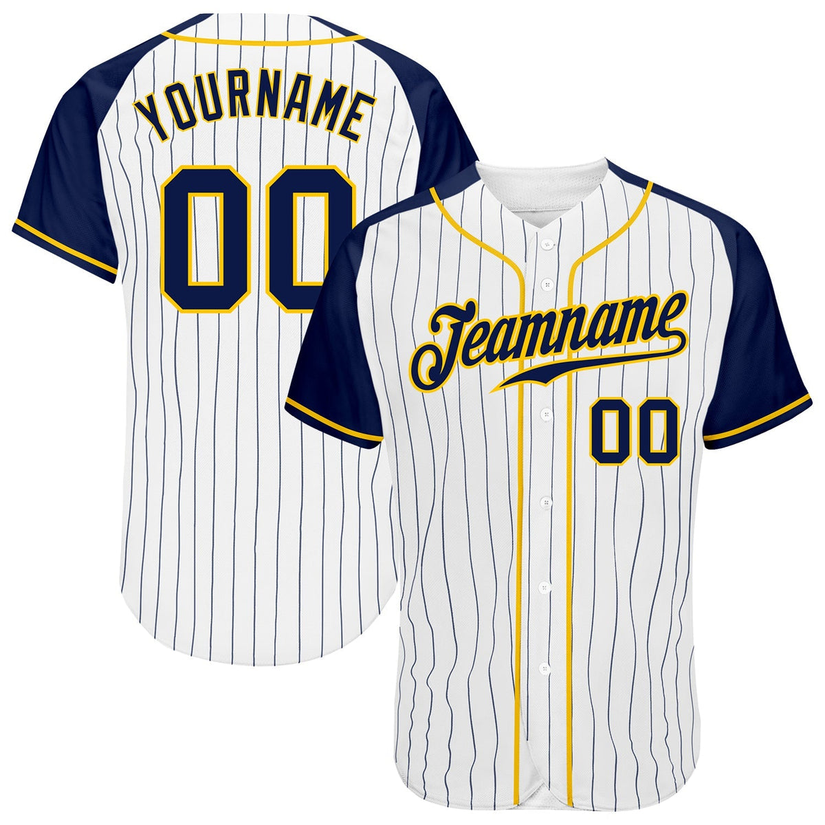 Custom Baseball Jersey - White Navy Pinstripe Navy-Gold Raglan Sleeves