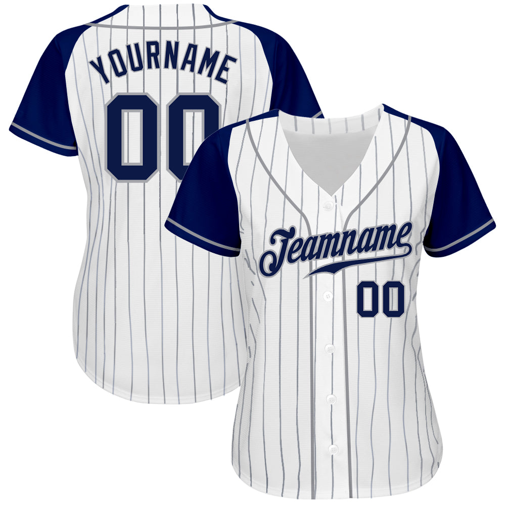 Custom Baseball Jersey - White Navy Pinstripe Navy-Gray Raglan Sleeves