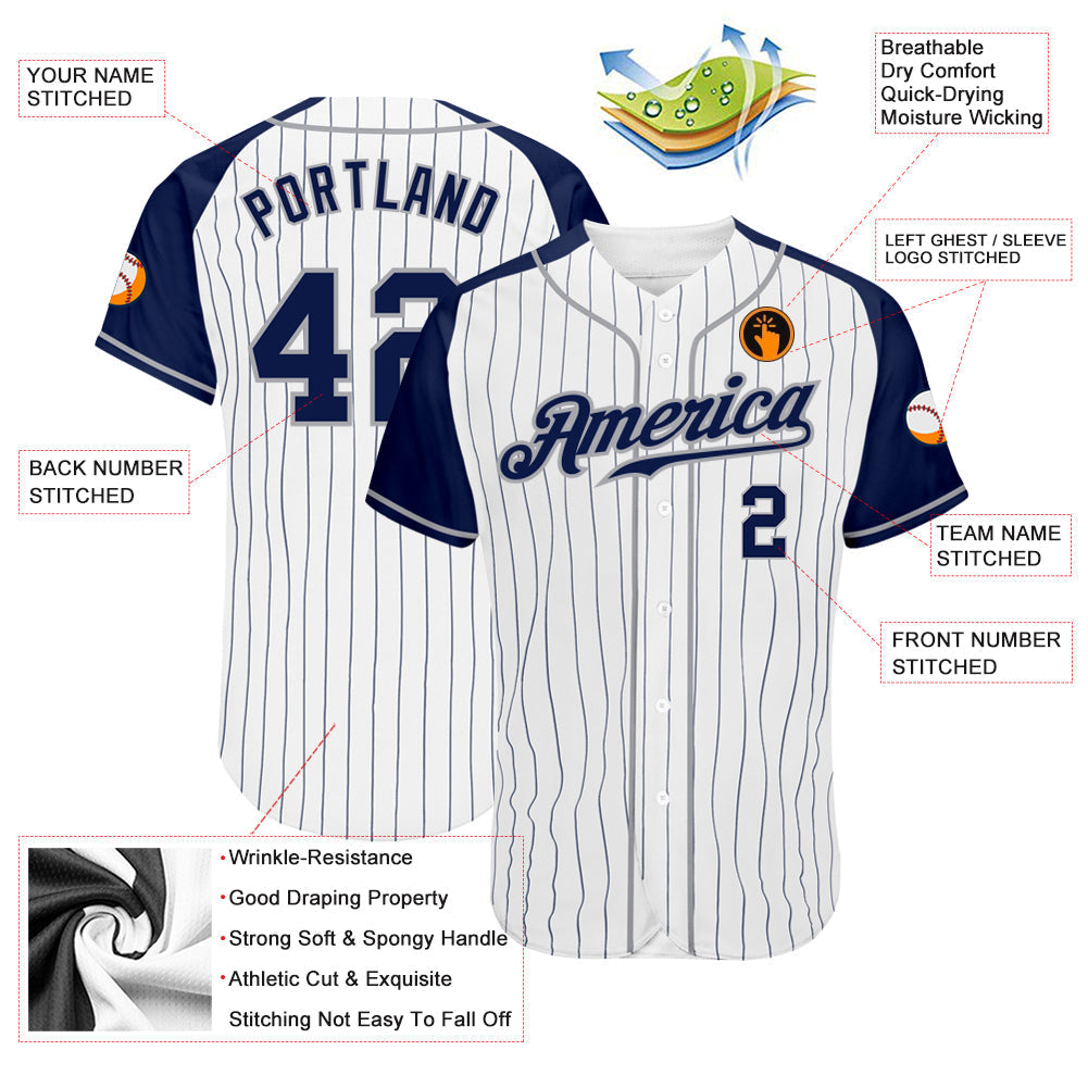 Custom Baseball Jersey - White Navy Pinstripe Navy-Gray Raglan Sleeves